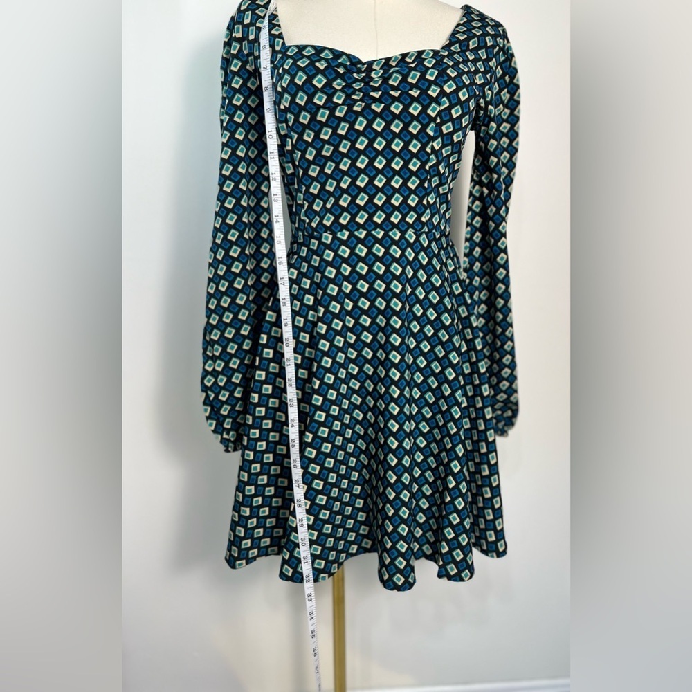NWT Band Of The Free BOG Genevieve Teal Diamond Puff Sleeve Mini Dress Size XS L - Picture 4 of 14
